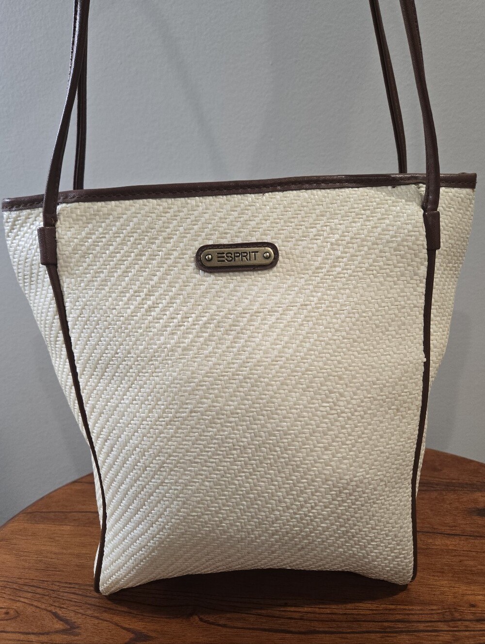 Vintage Esprit Woven Shoulder Bag Cream Brown Minimalist Y2K Summer Tote